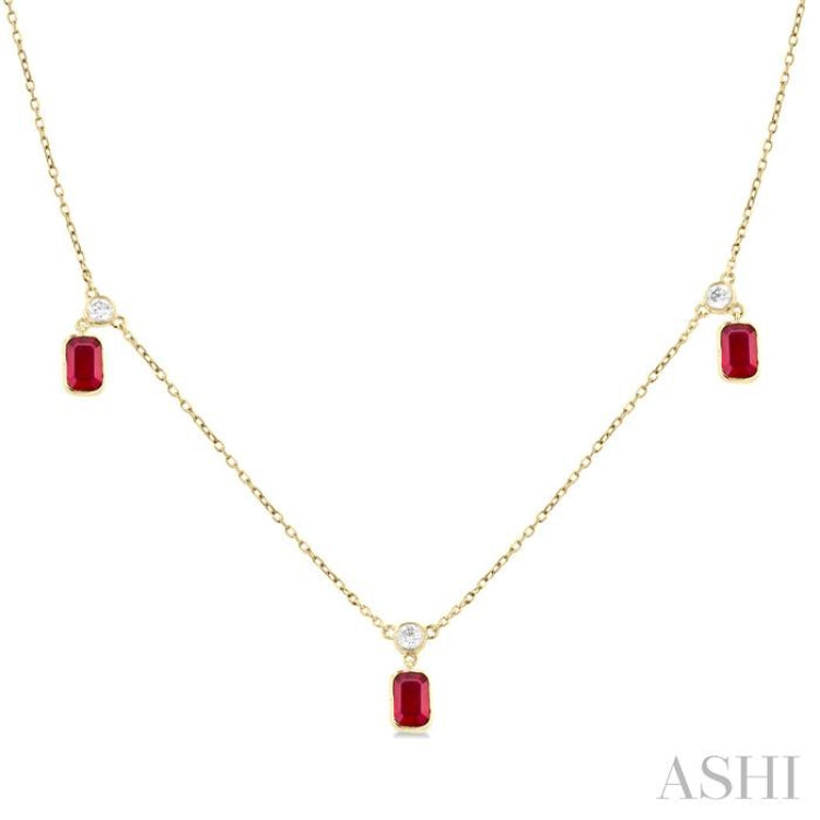 5x3 MM Octagonal Shape Ruby and 1/4 Ctw Round Cut Diamonds Precious Station Necklace in 14K Yellow Gold