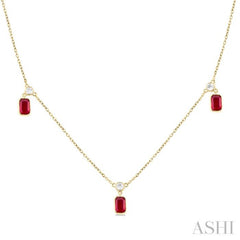 5x3 MM Octagonal Shape Ruby and 1/4 Ctw Round Cut Diamonds Precious Station Necklace in 14K Yellow Gold