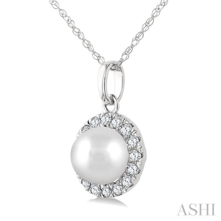 5 MM Cultured White Pearl and 1/20 Ctw Single Cut Diamond Halo Pendant With Chain in 10K White Gold
