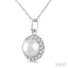 5 MM Cultured White Pearl and 1/20 Ctw Single Cut Diamond Halo Pendant With Chain in 10K White Gold