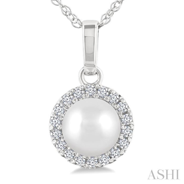 5 MM Cultured White Pearl and 1/20 Ctw Single Cut Diamond Halo Pendant With Chain in 10K White Gold
