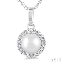 5 MM Cultured White Pearl and 1/20 Ctw Single Cut Diamond Halo Pendant With Chain in 10K White Gold
