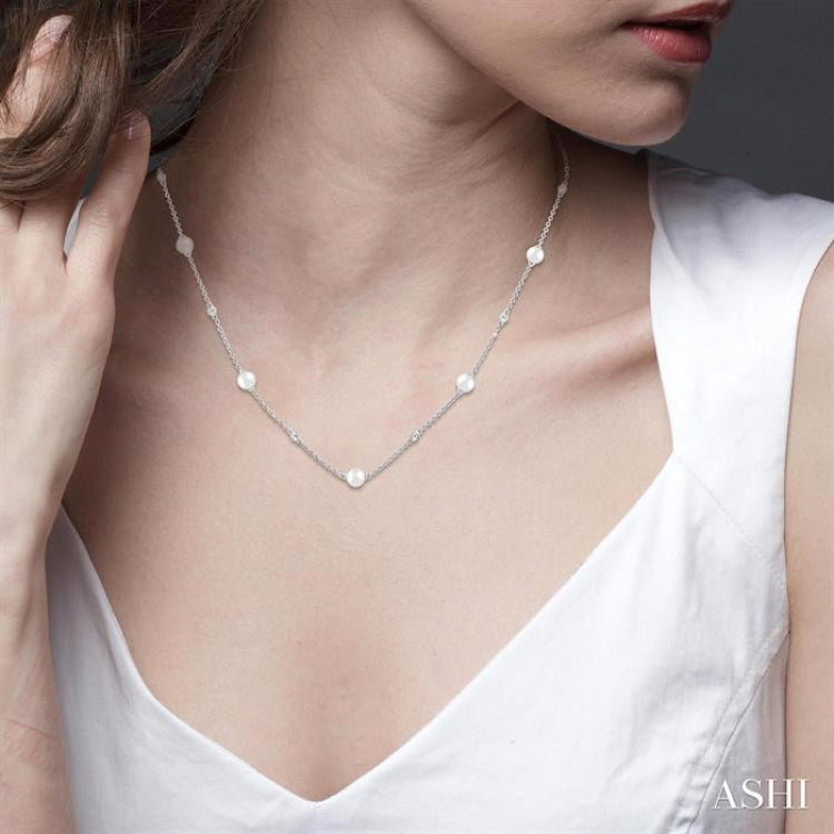 3 MM Round Shape Cultured Pearl and 1/8 Ctw Round Cut Diamond Station Necklace in 14K White Gold