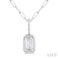 1/5 Ctw Emerald Cut Bezel Set Diamond Fashion Pendant With Paperclip Chain in 14K White Gold