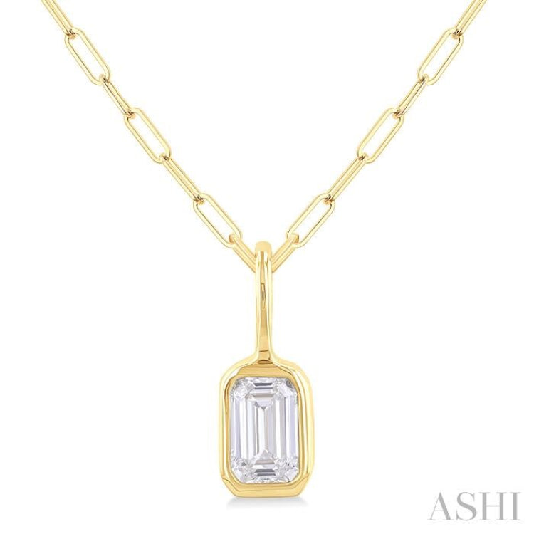 1/5 Ctw Emerald Cut Bezel Set Diamond Fashion Pendant With Paperclip Chain in 14K Yellow Gold
