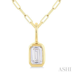 1/5 Ctw Emerald Cut Bezel Set Diamond Fashion Pendant With Paperclip Chain in 14K Yellow Gold