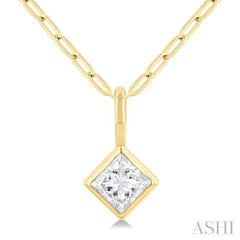 1/5 Ctw Princess Cut Bezel Set Diamond Fashion Pendant With Paperclip Chain in 14K Yellow Gold