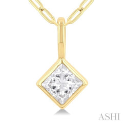 1/5 Ctw Princess Cut Bezel Set Diamond Fashion Pendant With Paperclip Chain in 14K Yellow Gold