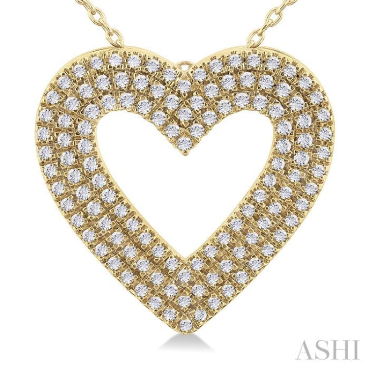 3/8 Ctw Heart Shape Triple Row Round Cut Diamond Fashion Pendant With Chain in 14K Yellow Gold