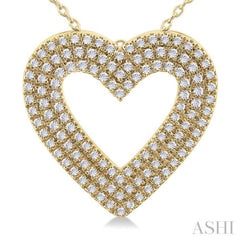 3/8 Ctw Heart Shape Triple Row Round Cut Diamond Fashion Pendant With Chain in 14K Yellow Gold