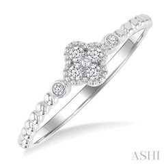 1/8 Ctw Petite Bead Shank Clover Leaf Round Cut Diamond Fashion Ring in 10K White Gold