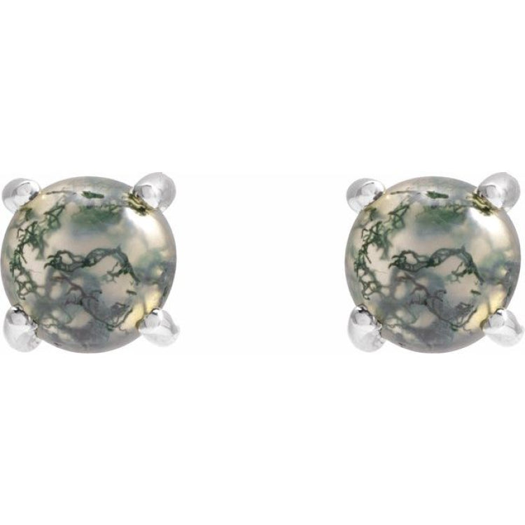 14K White Natural Moss Agate Earrings
