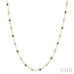 2.40 MM Round Shape Emerald and 7/8 Ctw Round Cut Diamond Precious Station Necklace in 14K Yellow Gold
