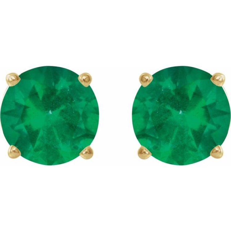 14K Yellow 7 mm Lab-Grown Emerald Earrings