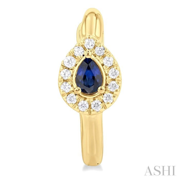 4X3 MM Pear Cut Sapphire and 1/10 Ctw Petite Round Cut Halo Diamond Fashion Huggies in 10K Yellow Gold