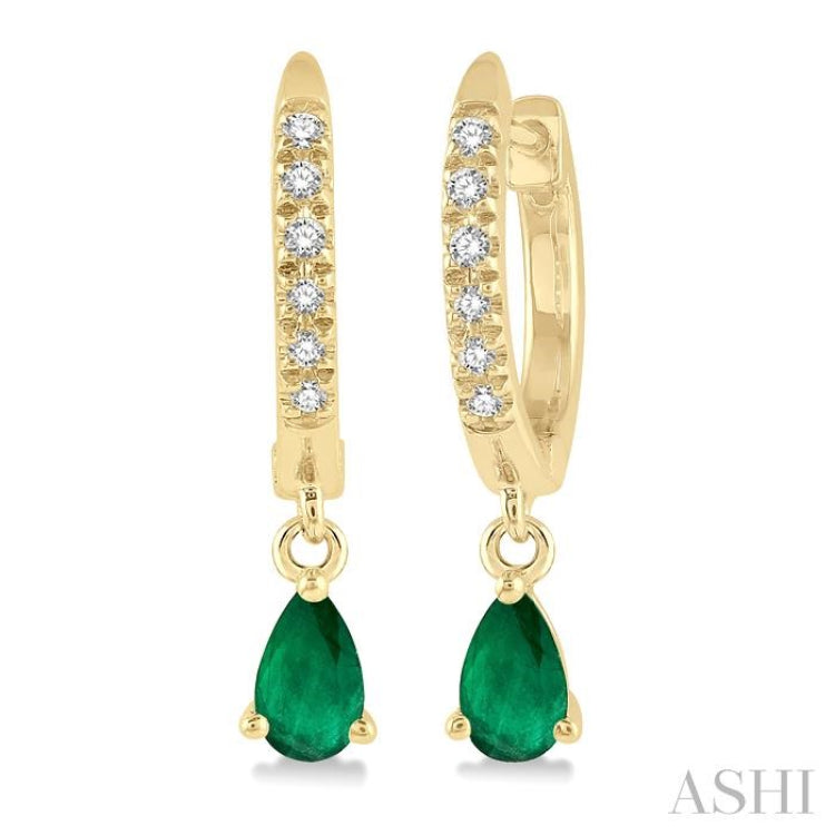 5x3 MM Pear Cut Emerald and 1/8 Ctw Round Cut Diamond Petite Fashion Huggie Earrings in 10K Yellow Gold
