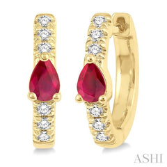 4X3 MM Pear Cut Ruby and 1/10 Ctw Round Cut Diamond Petite Huggie Earrings in 10K Yellow Gold