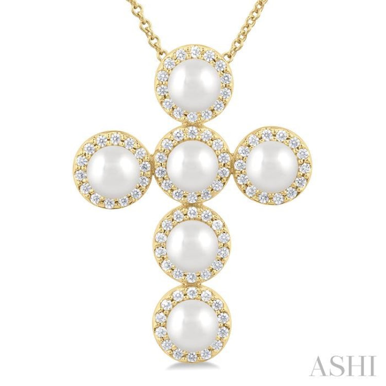 4 MM Cross Cultured Pearl and 1/3 Ctw Round Cut Diamond Fashion Pendant With Chain in 14K Yellow Gold