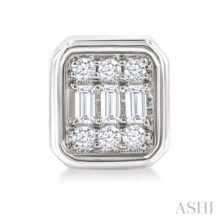 1/5 Ctw Petite Bezel Set Emerald Shape Fusion Baguette and Round Cut Diamond Fashion Stud Earrings in 10K White Gold
