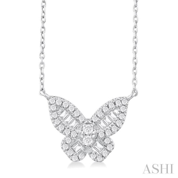 1/3 Ctw Petite Butterfly Baguette and Round Cut Diamond Fashion Pendant With Chain in 14K White Gold