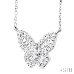 1/3 Ctw Petite Butterfly Baguette and Round Cut Diamond Fashion Pendant With Chain in 14K White Gold
