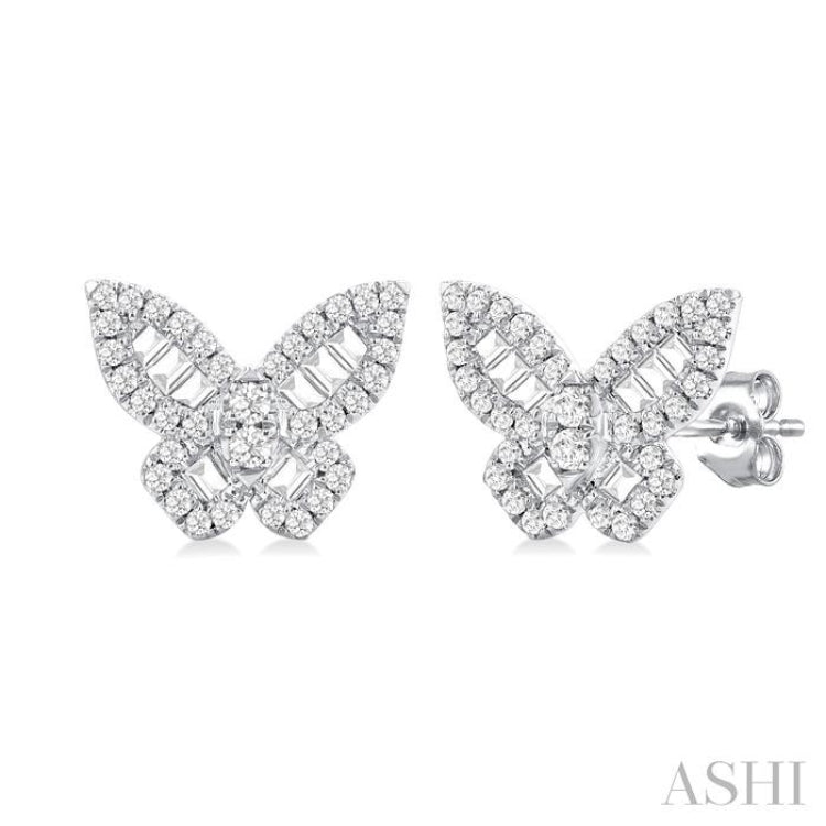 1/2 Ctw Baguette and Round Cut Diamond Butterfly Petite Fashion Stud Earring in 14K White Gold