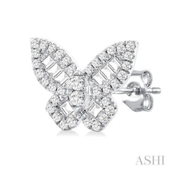 1/2 Ctw Baguette and Round Cut Diamond Butterfly Petite Fashion Stud Earring in 14K White Gold