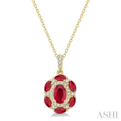 6x4 MM Oval Cut & 4x2 MM Marquise Cut Ruby and 1/6 Ctw Round Cut Diamond Precious Pendant With Chain in 14K Yellow Gold