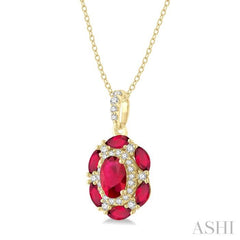 6x4 MM Oval Cut & 4x2 MM Marquise Cut Ruby and 1/6 Ctw Round Cut Diamond Precious Pendant With Chain in 14K Yellow Gold