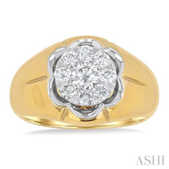 1 Ctw Floral Center Lovebright Round Cut Diamond Men's Ring in 10K Yellow and White Gold