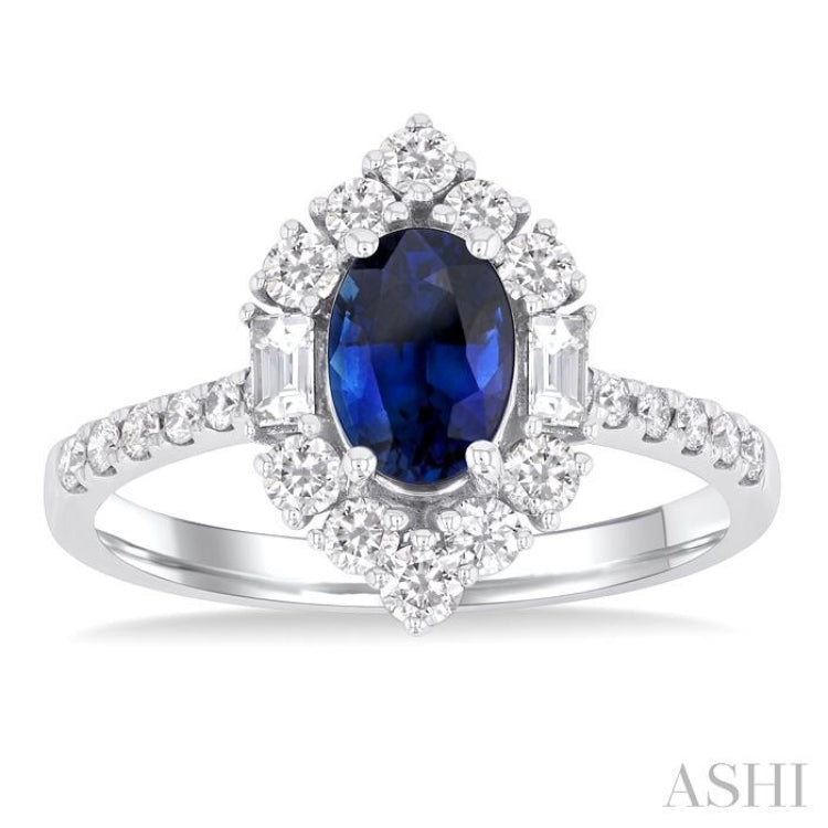 7x5 MM Oval Cut Sapphire & 5/8 Ctw Baguette and Round Cut Diamond Halo Precious Ring in 14K White Gold