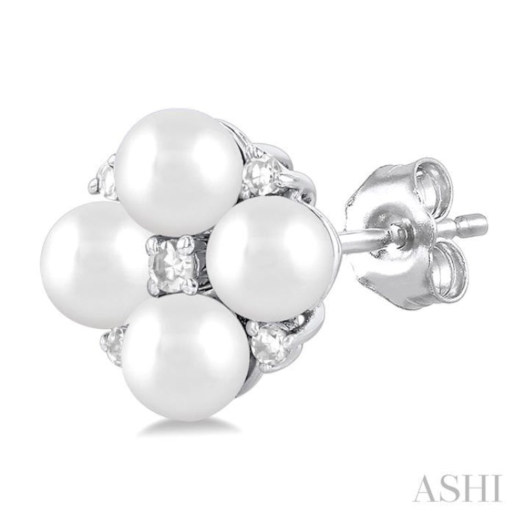 3 MM Floral Round Shape Cultured Pearl and 1/20 Ctw Round Cut Diamond Fashion Stud Earring in 10K White Gold