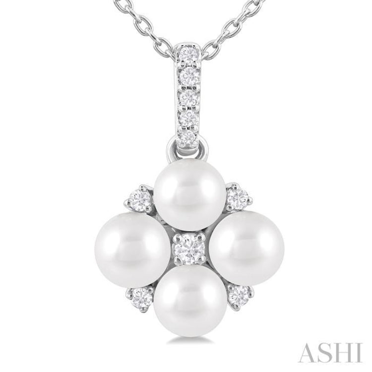 4 MM Floral Round Shape Cultured Pearl and 1/10 Ctw Round Cut Diamond Fashion Pendant With Chain in 10K White Gold