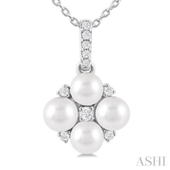 4 MM Floral Round Shape Cultured Pearl and 1/10 Ctw Round Cut Diamond Fashion Pendant With Chain in 10K White Gold