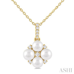 4 MM Floral Round Shape Cultured Pearl and 1/10 Ctw Round Cut Diamond Fashion Pendant With Chain in 10K Yellow Gold