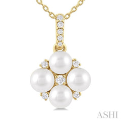 4 MM Floral Round Shape Cultured Pearl and 1/10 Ctw Round Cut Diamond Fashion Pendant With Chain in 10K Yellow Gold