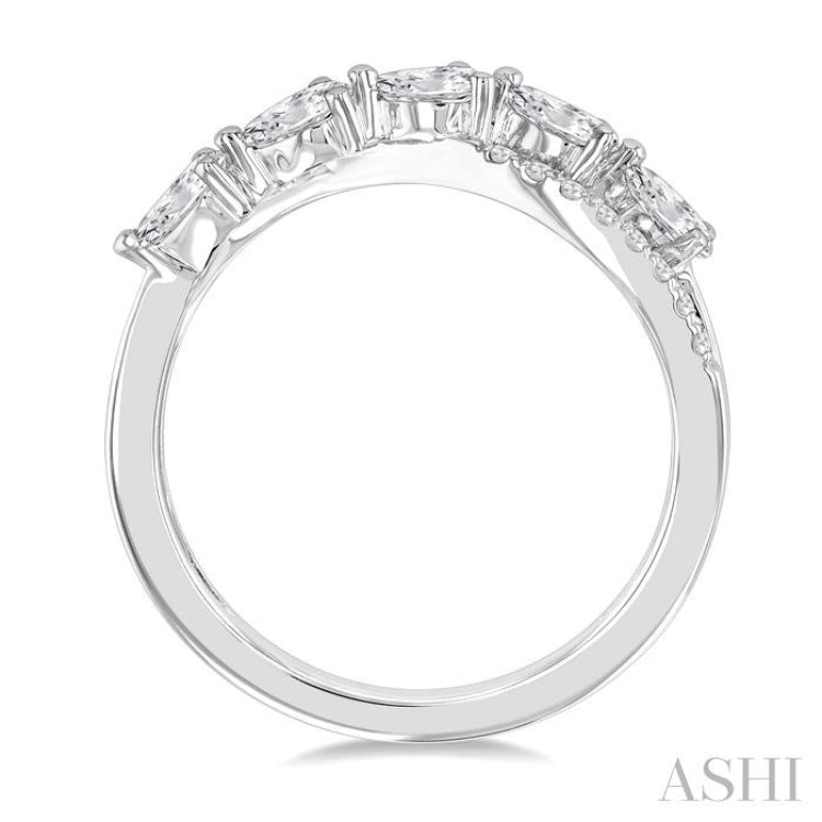 7/8 Ctw Split Criss Cross Pear and Round Cut Diamond Fashion Ring in 14K White Gold
