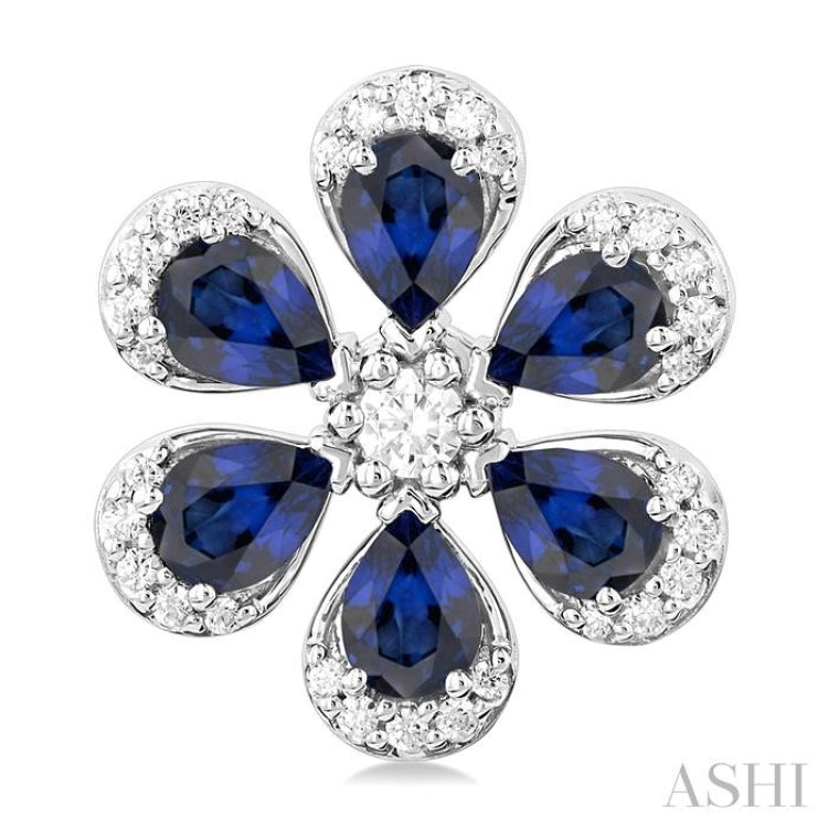 4X3 MM Floral Blossom Pear Cut Sapphire and 1/3 Ctw Round Cut Diamond Precious Stud Earring in 14K White Gold