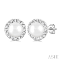 4.5 MM White Cultured Pearl and 1/8 Ctw Round Cut Diamond Halo Stud Earrings in 14K White Gold
