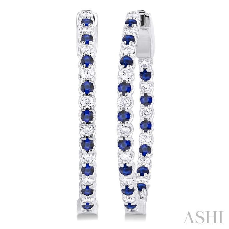 1.6 MM Round Sapphire and 1/2 Ctw Round Cut Diamond Inside & Outside Alternating Precious Hoop Earrings in 14K White Gold