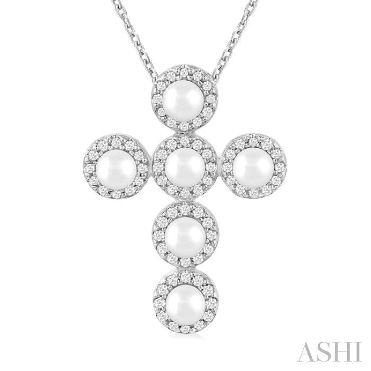 4 MM Cross Cultured Pearl and 1/4 Ctw Round Cut Diamond Pendant With Chain in 14K White Gold