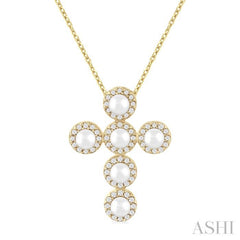 4 MM Round Shape Cultured Pearl and 1/4 Ctw Round Cut Diamond Cross Pendant With Chain in 14K Yellow Gold