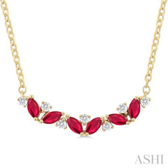 4X2 MM Marquise Cut Ruby and 1/6 Ctw Zig-Zag Round Cut Diamond Precious Necklace in 14K Yellow Gold