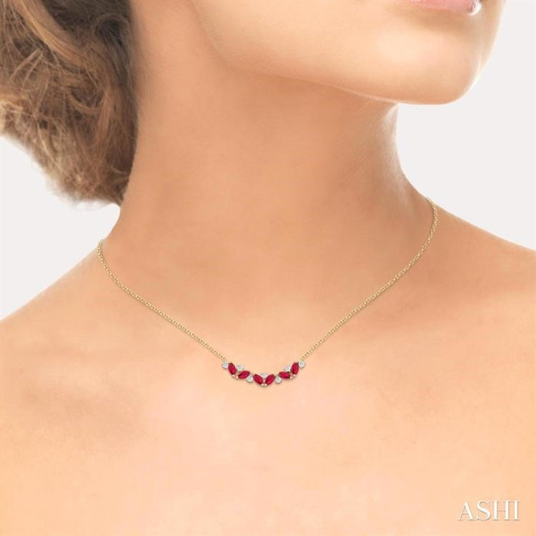 4X2 MM Marquise Cut Ruby and 1/6 Ctw Zig-Zag Round Cut Diamond Precious Necklace in 14K Yellow Gold