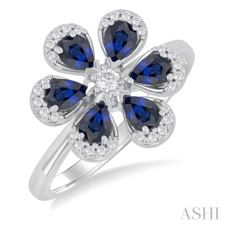4X3 MM Pear Cut Floral Blossom Sapphire and 1/6 Ctw Round Cut Diamond Precious Fashion Ring in 14K White Gold