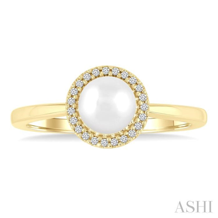 6 MM Round Shape Cultured Pearl and 1/20 Ctw Petite Round Cut Diamond Halo Fashion Ring in 10K Yellow Gold