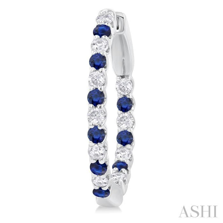 1.8 MM Sapphire and 1/2 Ctw Round Cut Inside-Out Diamond Precious Hoop Earrings in 14K White Gold