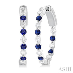 2 MM Round Cut Sapphire and 1/2 Ctw Round Cut Diamond Precious Inside-Out Alternating Hoop Earrings in 14K White Gold