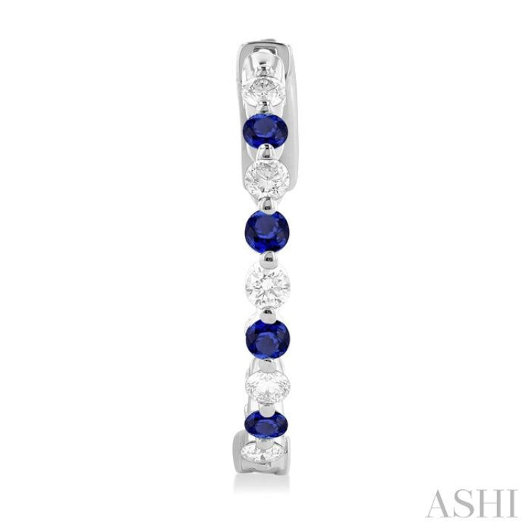 2 MM Round Cut Sapphire and 1/2 Ctw Round Cut Diamond Precious Inside-Out Alternating Hoop Earrings in 14K White Gold