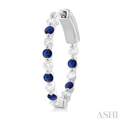 2 MM Round Cut Sapphire and 1/2 Ctw Round Cut Diamond Precious Inside-Out Alternating Hoop Earrings in 14K White Gold